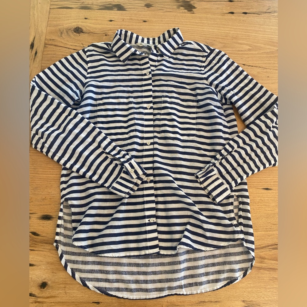 Zara Basic Striped Linen Button Down Shirt Women’s M Blue White Preloved